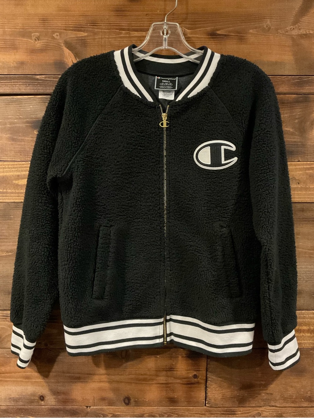 Champion Black Sherpa Varsity Jacket with Contrast Trim women’s Small embroidere